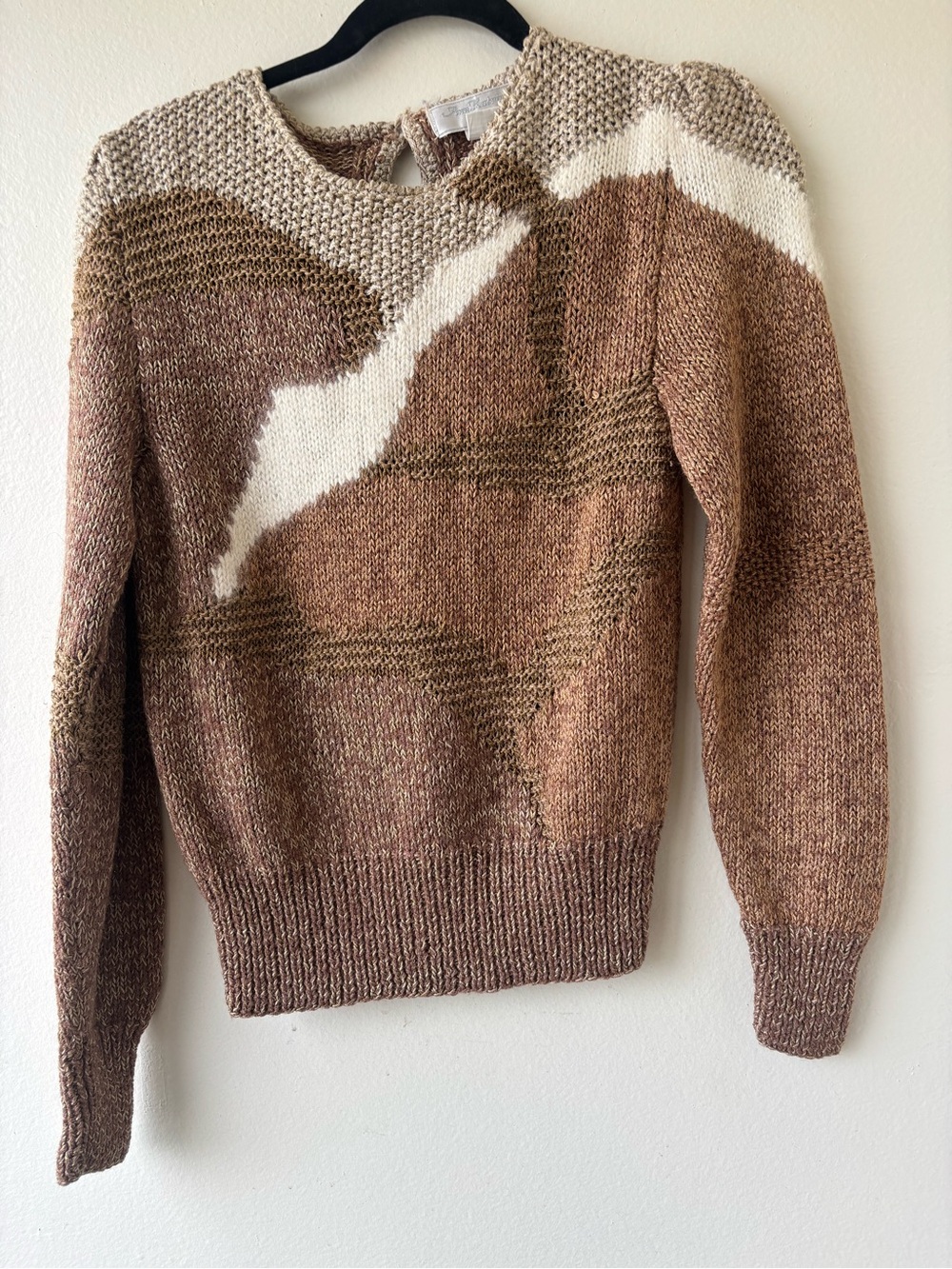 Rabbit and Angora Soft Cream and Brown Colorblock Crewneck Sweater